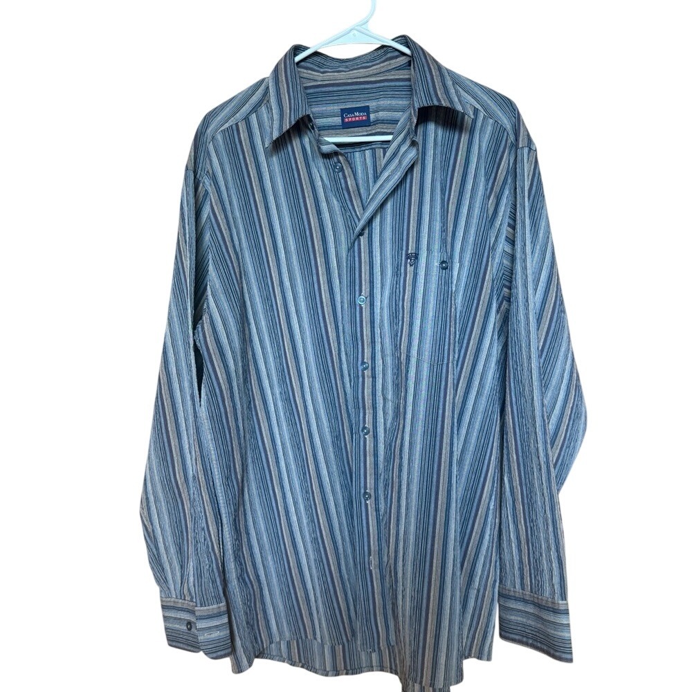 Casa Moda Sports Mens Blue Tan Striped Long Sleeve‎ Button Down Shirt Size L
